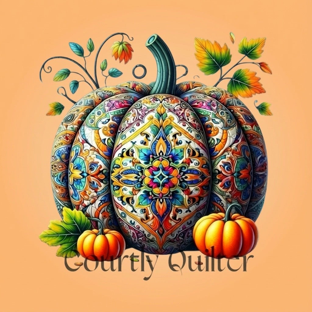 Decorative pumpkin with intricate patterns and small pumpkins on a peach background, featuring the brand 'Courtly Quilter'.
