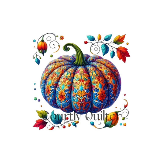Courtly Quilter colorful pumpkin with green stem, swirling designs on a white background