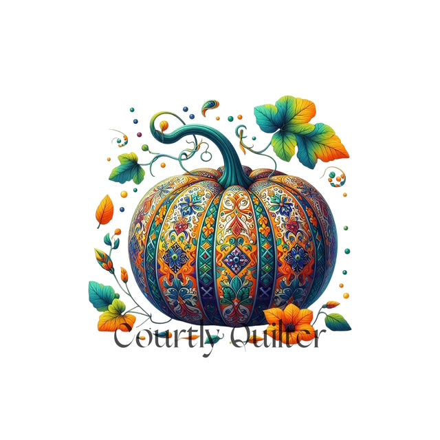 Courtly Quilter colorful patterned pumpkin and leaves  on a white  background 