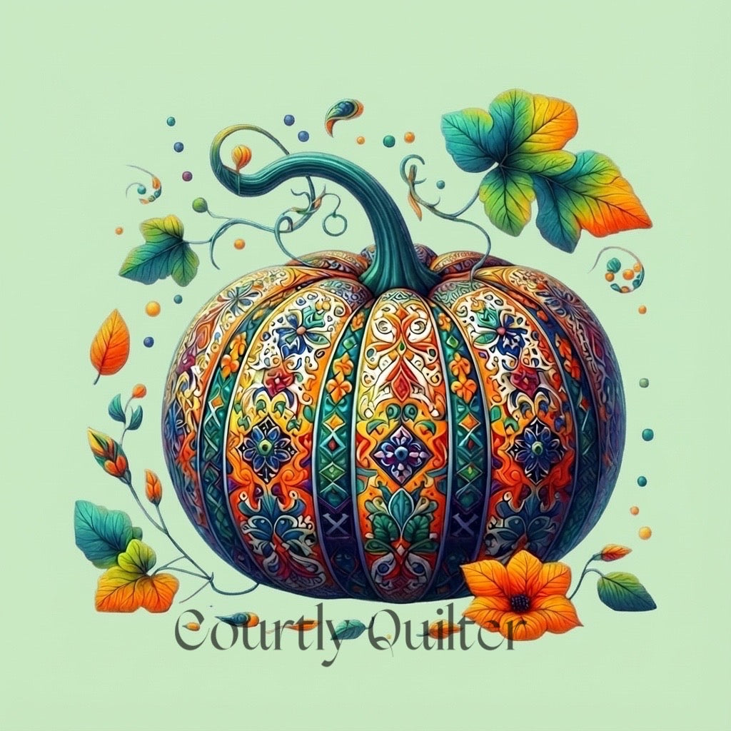 Colorful patterned pumpkin with decorative leaves on a light green background, Courtly Quilter