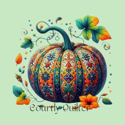 Colorful patterned pumpkin with decorative leaves on a light green background, Courtly Quilter