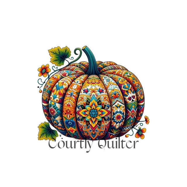 Courtly Quilter colorful "tile" patterned pumpkin with leaves on left side