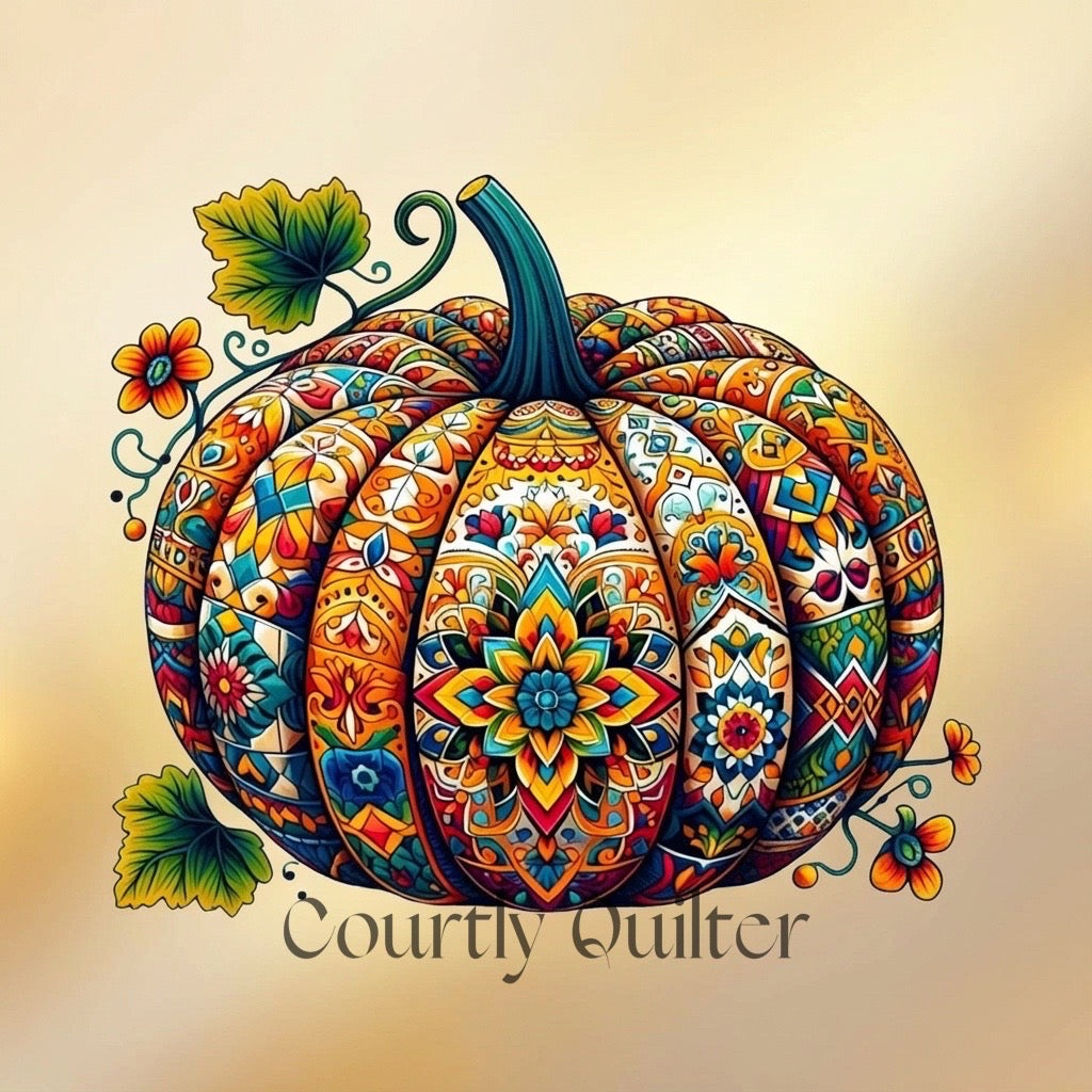 Colorful patterned pumpkin with flowers on a beige background, featuring the 'Courtly Quilter' brand.
