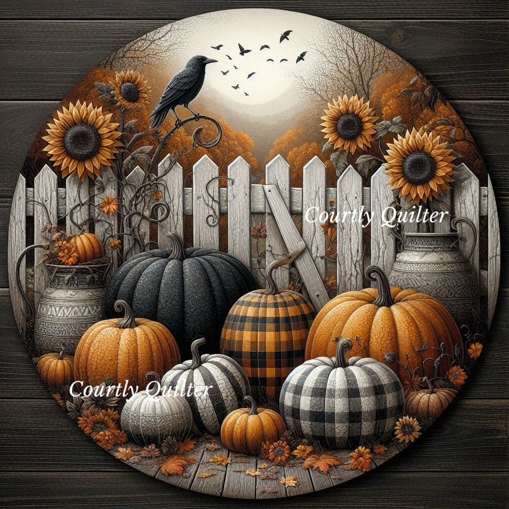 Rustic picket fence with crow, plaid pumpkins, and urns