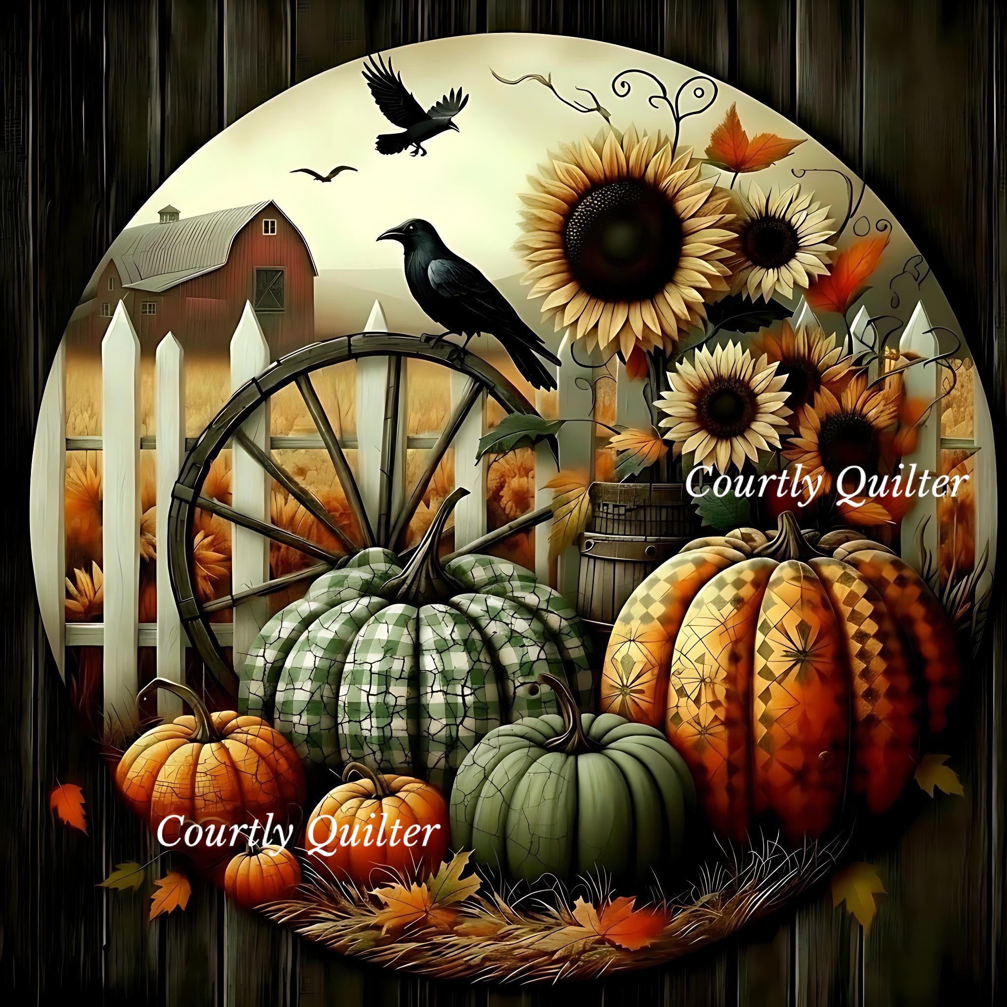 Pumpkins, sunflowers, crows, a barn, and a wagon wheel on a dark wood background. 