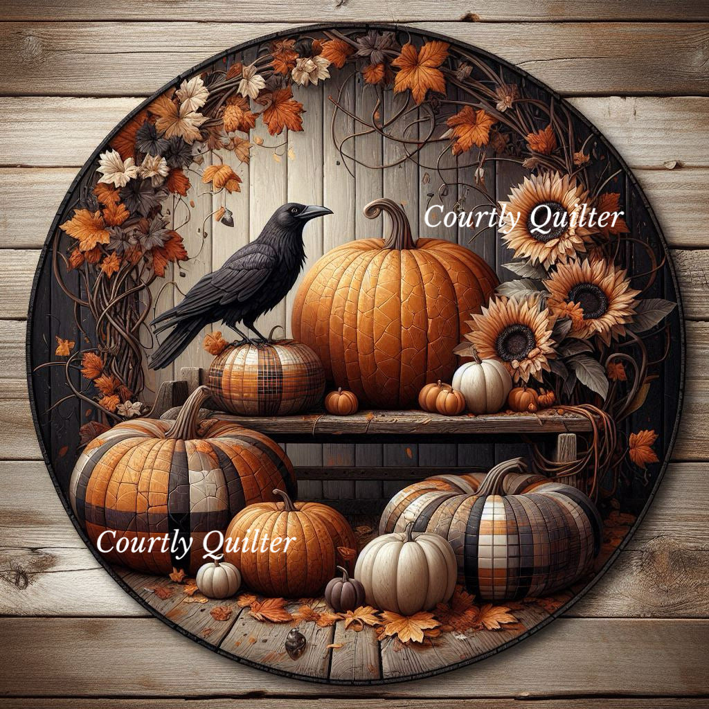 Pumpkins, sunflowers, leaves, a crow, on a rustic wood plank background.