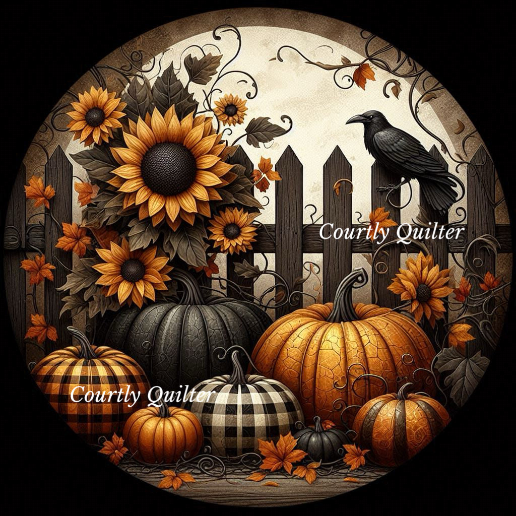 Pumpkins, sunflowers, leaves, a fence, a raven, and a full harvest moon.