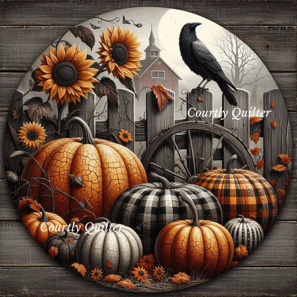 Orange and black pumpkins, sunflowers, a crow on a fence, and a rustic building in the background, on a dark wood plank backdrop