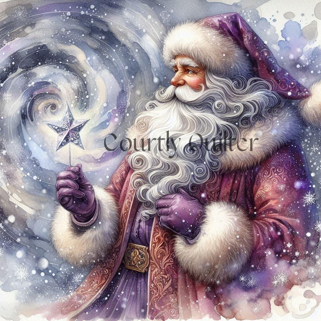 Illustration of a Courtly Quilter fantasy Santa Claus holding a star, with intricate patterns and a magical atmosphere.