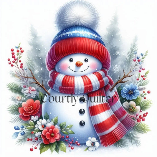 Courtly Quilter illustration of a patriotic snowman with a red and white striped scarf, surrounded by flowers and branches on a white background.