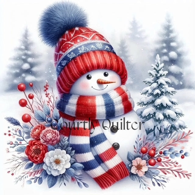 Courtly Quilter patriotic snowman with red and blue striped hat and scarf surrounded by flowers and trees in a snowy landscape.