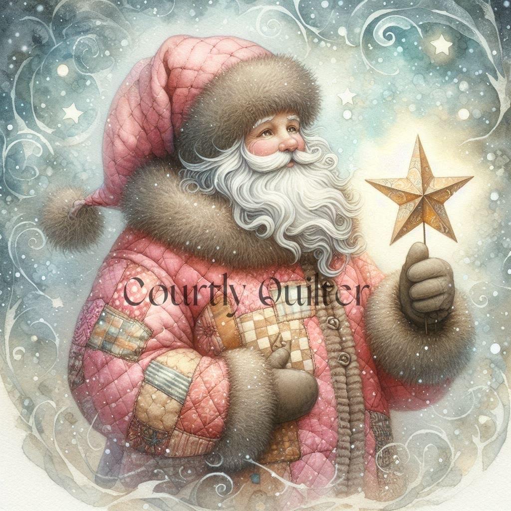 Illustration of a Courtly Quilter fantasy Santa Claus holding a star, with intricate patterns and a magical atmosphere.