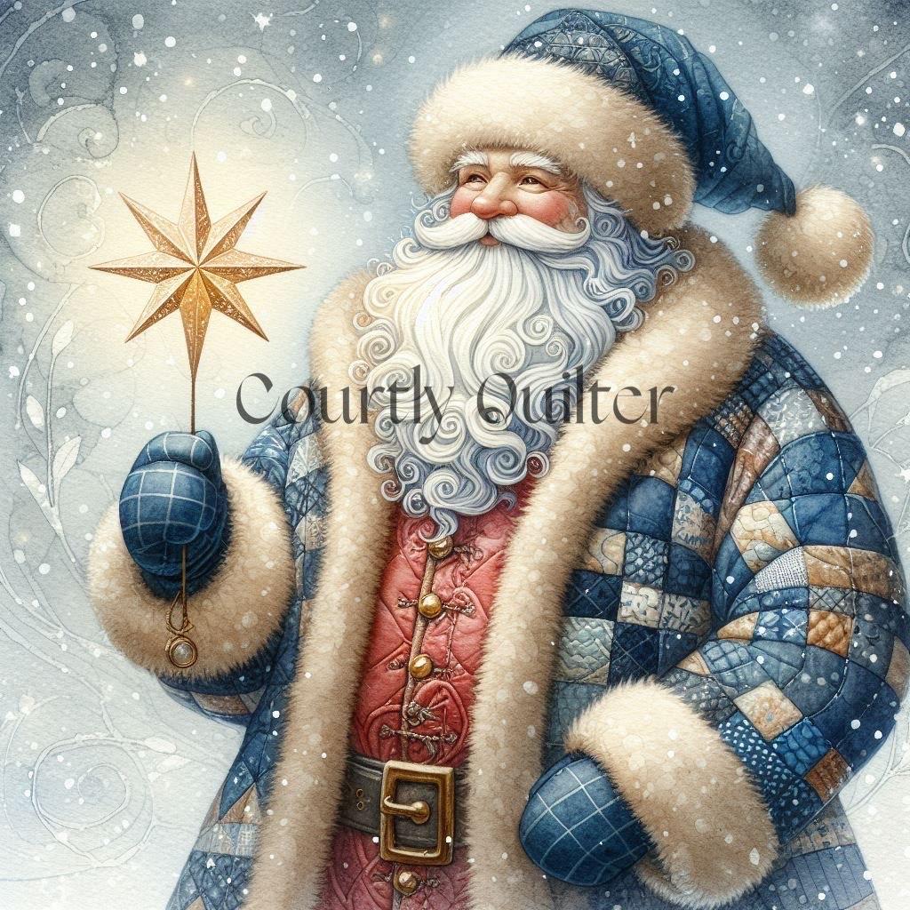 Illustration of a Courtly Quilter fantasy Santa Claus holding a star, with intricate patterns and a magical atmosphere.
