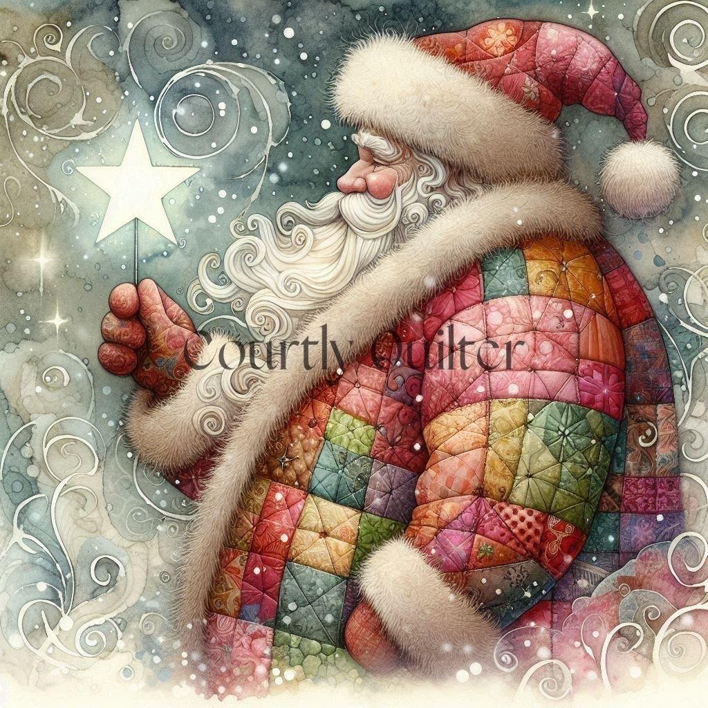 Illustration of a Courtly Quilter fantasy Santa Claus holding a star, with intricate patterns and a magical atmosphere.