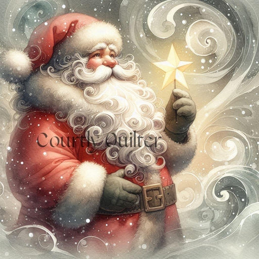 Illustration of a Courtly Quilter fantasy Santa Claus holding a star, with intricate patterns and a magical atmosphere.