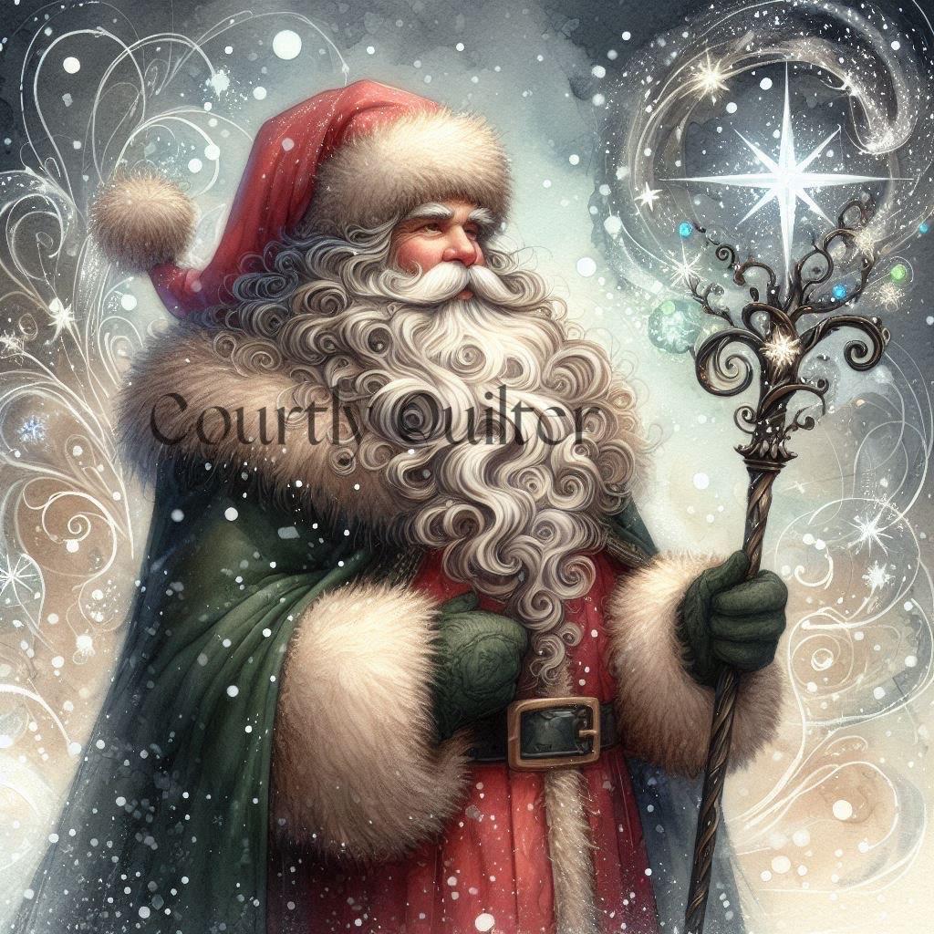 Illustration of a Courtly Quilter fantasy Santa Claus holding a star, with intricate patterns and a magical atmosphere.