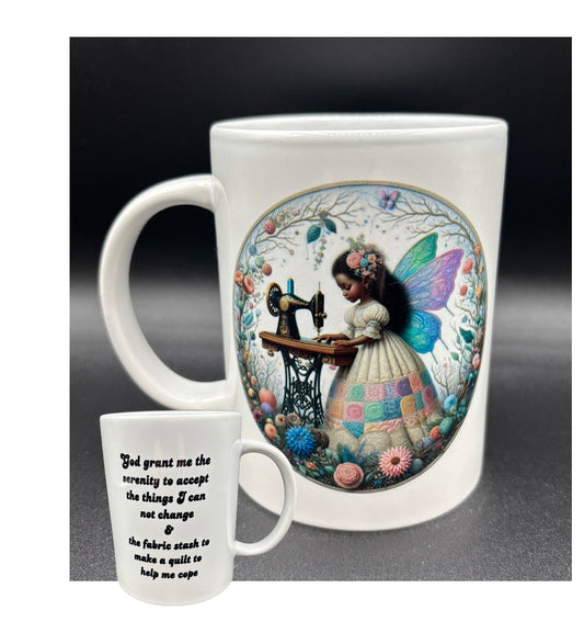 Courtly Quilter ceramic mug with black sewing fairy, "God grant me the serenity to accept the things I cannot change ..." 