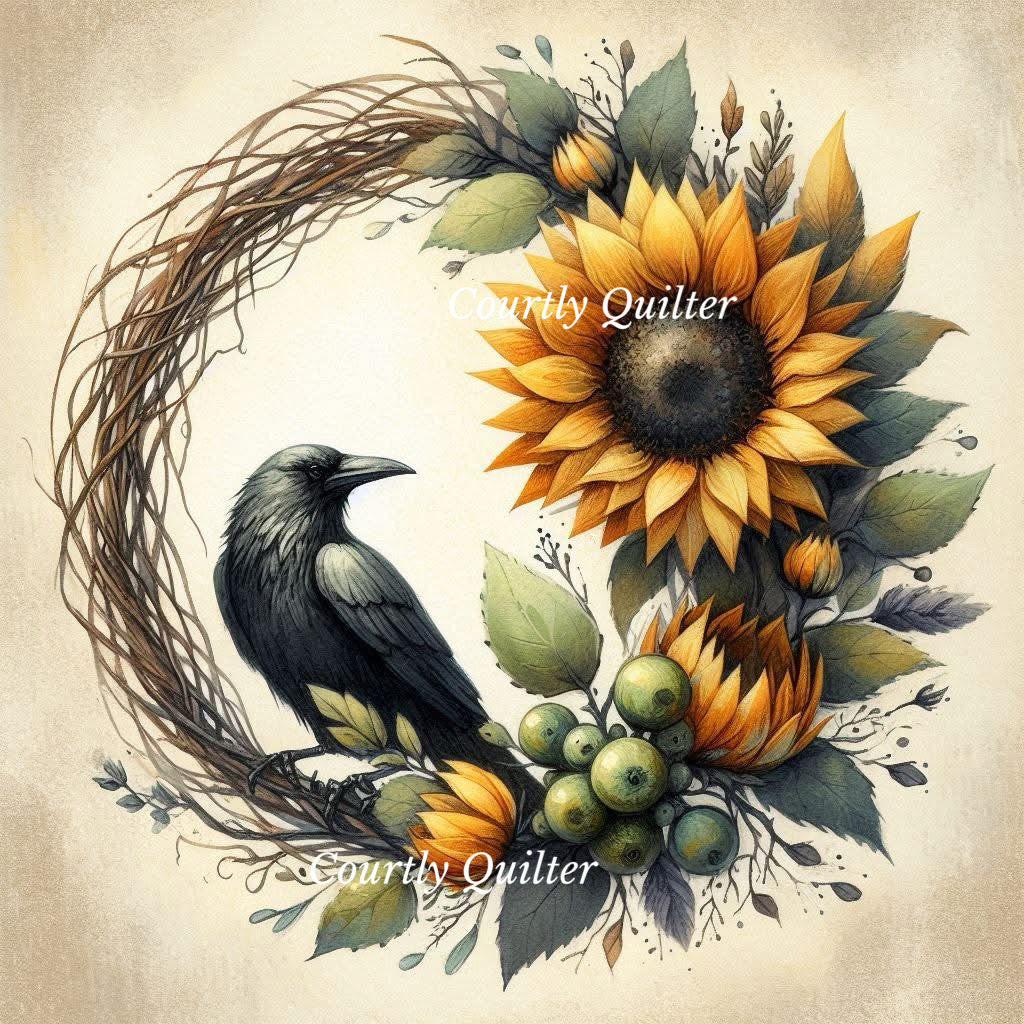 Floral wreath featuring a large yellow sunflower, green leaves, berries, and a black raven perched on the left side