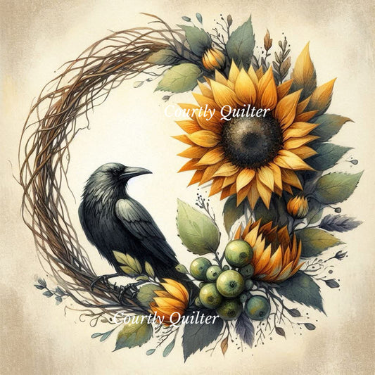 Floral wreath featuring a large yellow sunflower, green leaves, berries, and a black raven perched on the left side