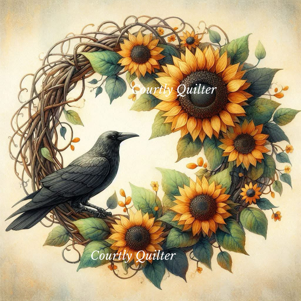 Floral wreath featuring large yellow sunflowers with green leaves, brown vine textures, and a black raven perched on the left side.
