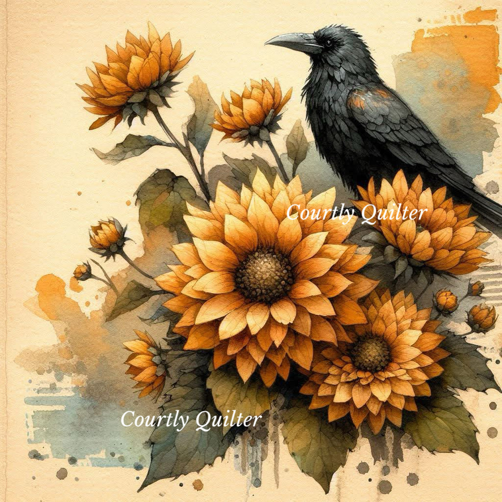 Watercolor-style artwork showing a black raven perched among large orange and yellow sunflowers with green leaves on a warm beige background.