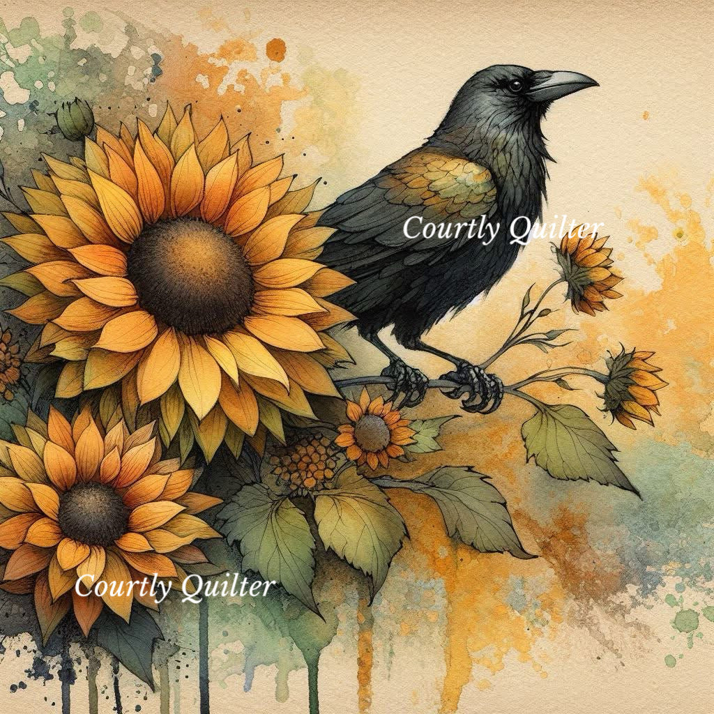 Watercolor-style artwork featuring a raven perched on a branch with sunflowers on a warm beige background with orange and blue paint splashes