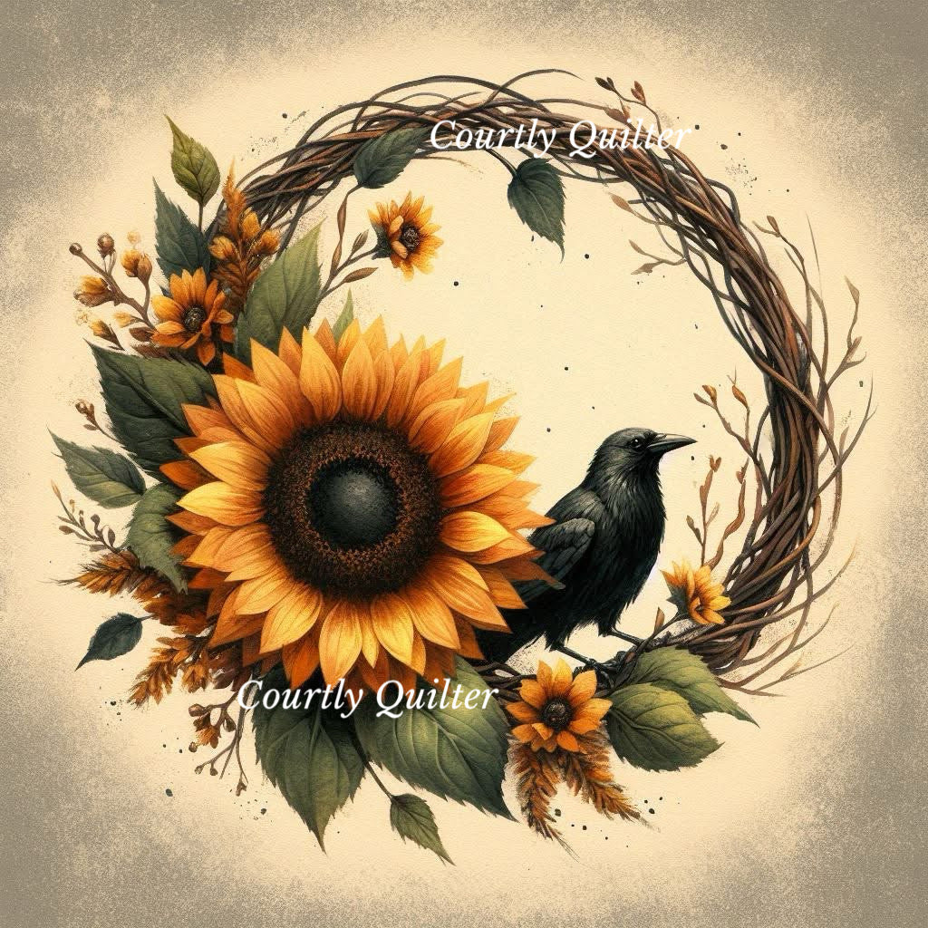 Floral wreath featuring a large yellow sunflower and a black bird perched on the right side.