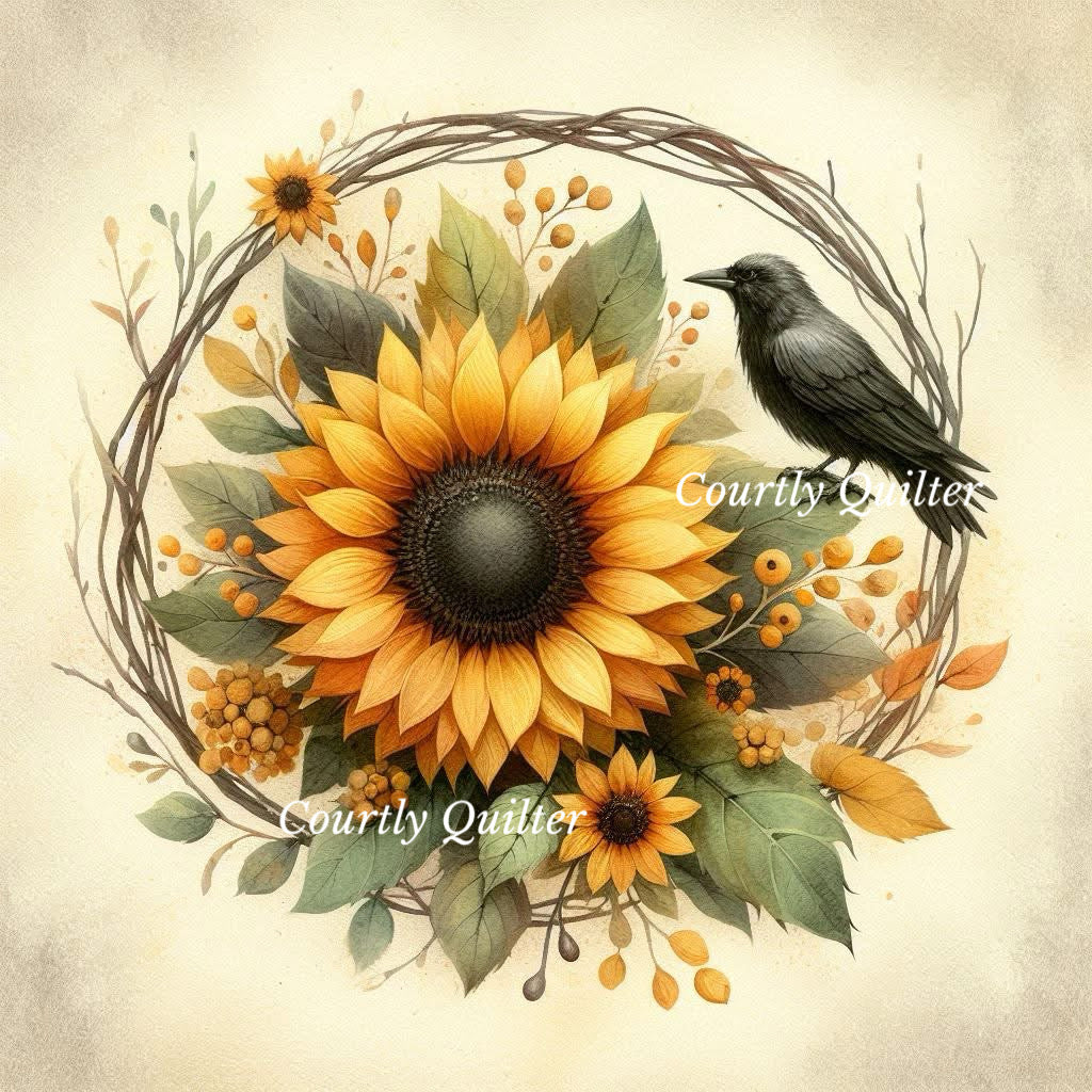 Floral wreath design featuring a large yellow sunflower, orange berries, and a black bird on a beige textured background.