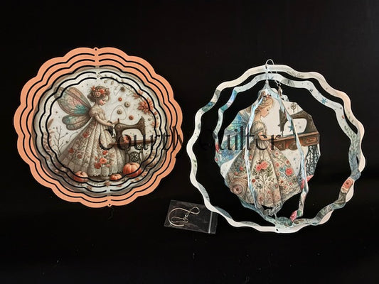 Courtly Quilter sewing fairy with vintage sewing machine on both sides of wind spinner
