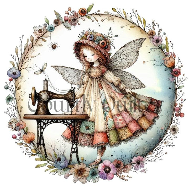 courtly quilter sewing fairy on fabric block