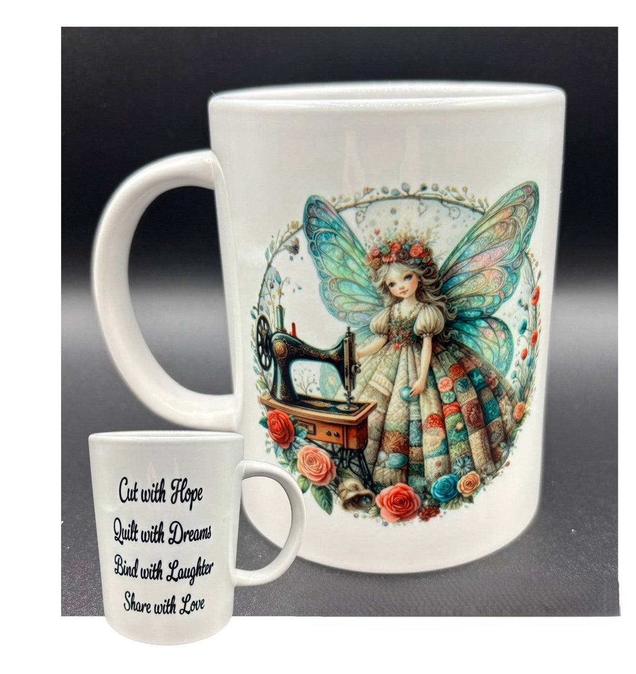 Ceramic mug with fairy and vintage sewing machine with text, "Cut with Hope..." Courtly Quilter