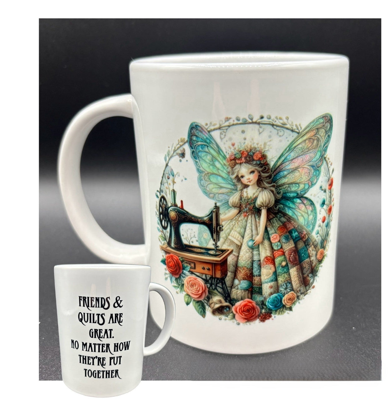 Ceramic mug with fairy and vintage sewing machine with text, Friends & quilts are great..." Courtly Quilter 