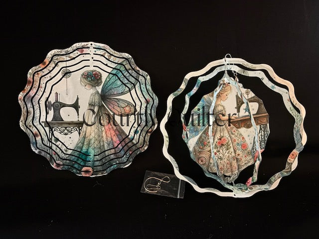 Courtly Quilter design of sewing fairy with vintage sewing machine on both sides of wind spinner