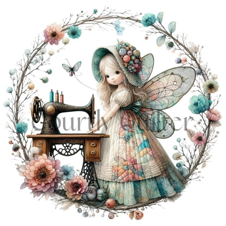 courtly quilter sewing fairy on fabric block