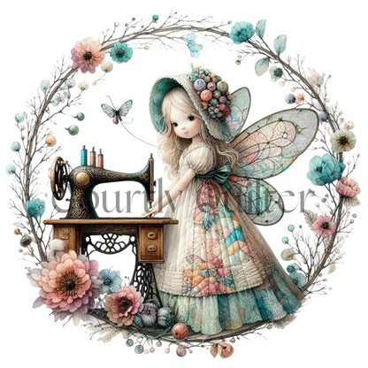 courtly quilter sewing fairy on fabric block