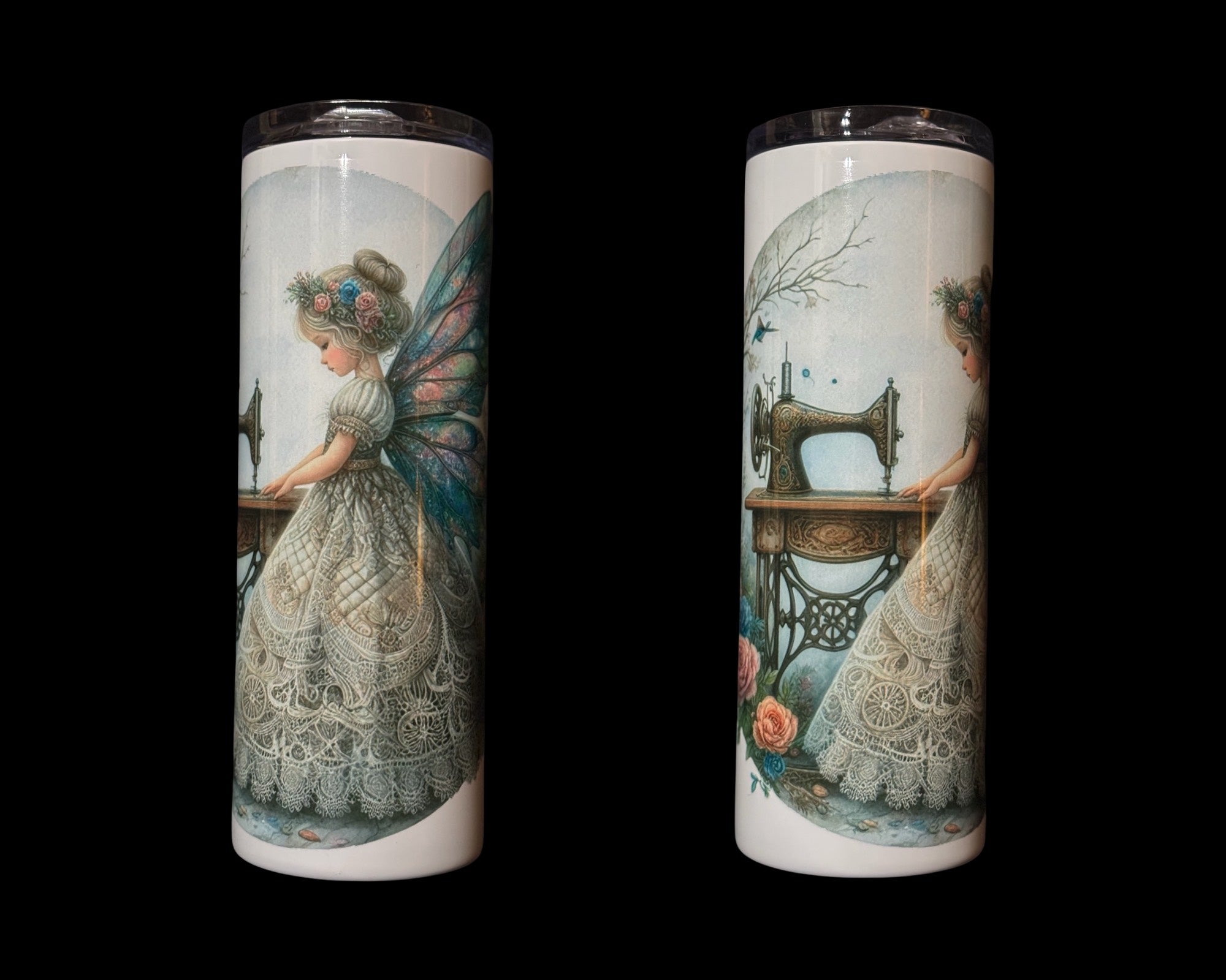 Drink skinny tumbler with sewing fairy and vintage sewing machine, Courtly Quilter