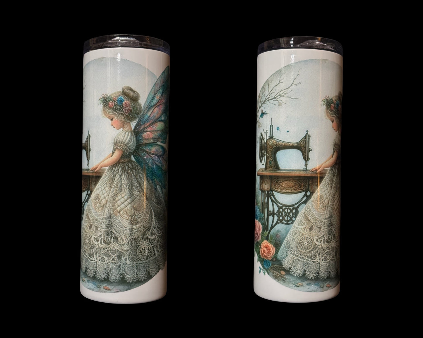 Drink skinny tumbler with sewing fairy and vintage sewing machine, Courtly Quilter