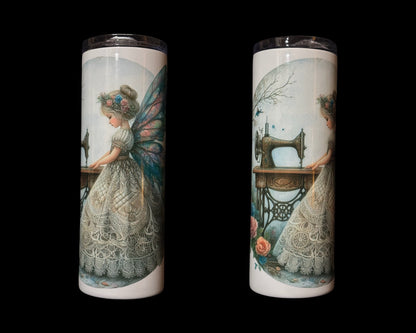 Drink skinny tumbler with sewing fairy and vintage sewing machine, Courtly Quilter