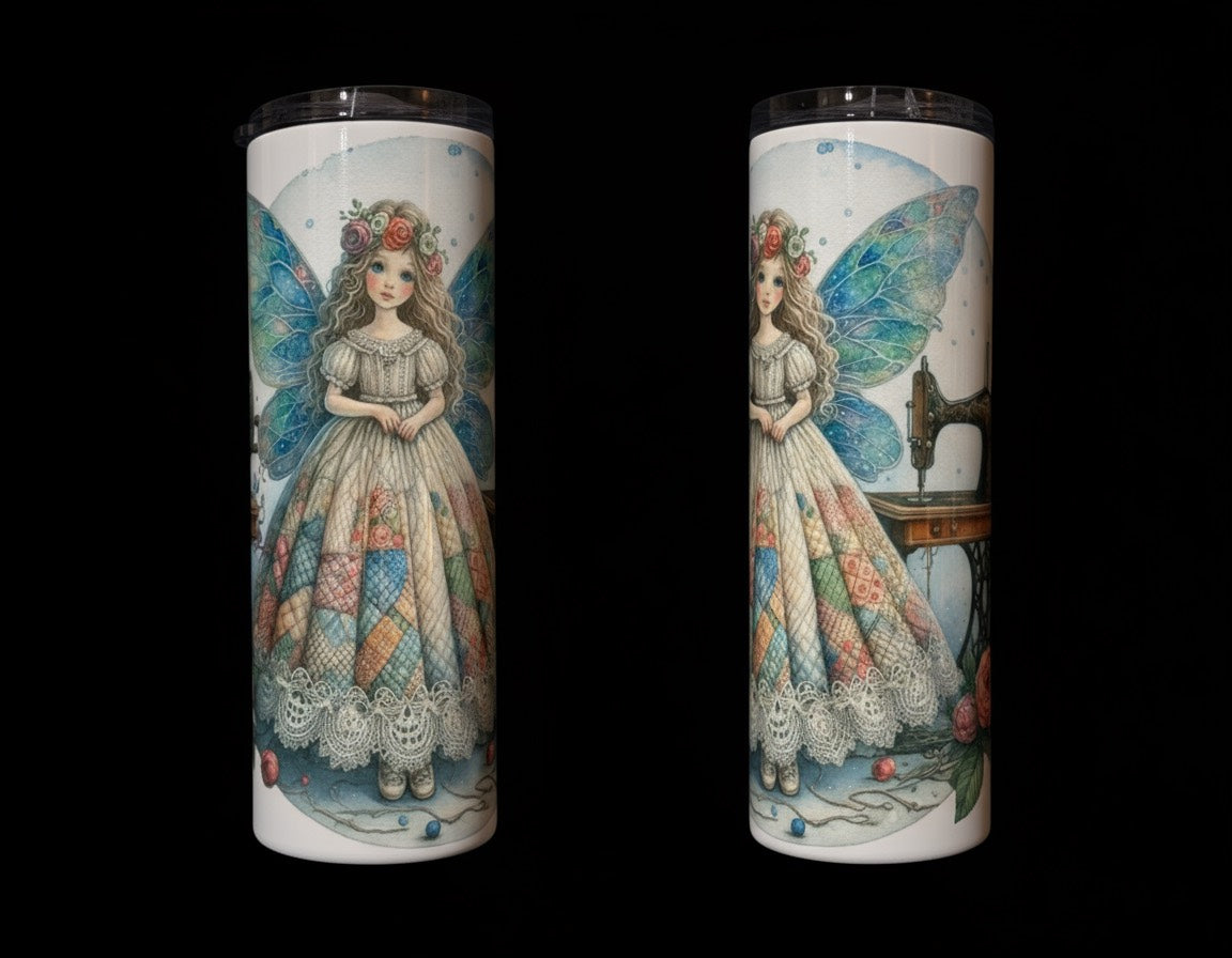 Drink tumbler with sewing fairy and vintage sewing machine, Courtly Quilter