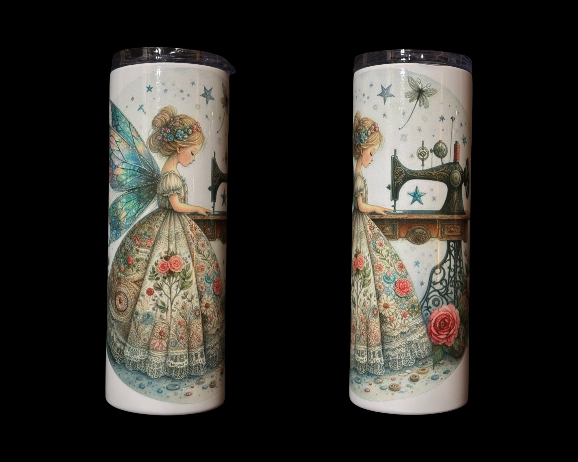 Drink skinny tumbler with sewing fairy and vintage sewing machine, Courtly Quilter