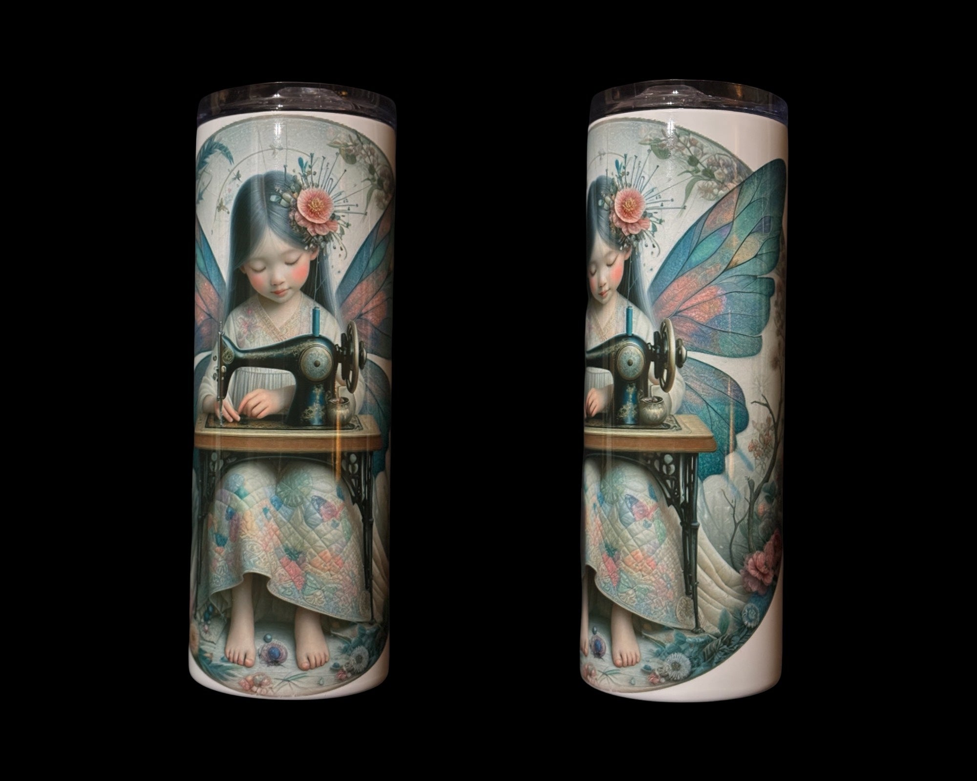 Drink skinny tumbler with sewing fairy and vintage sewing machine, Courtly Quilter