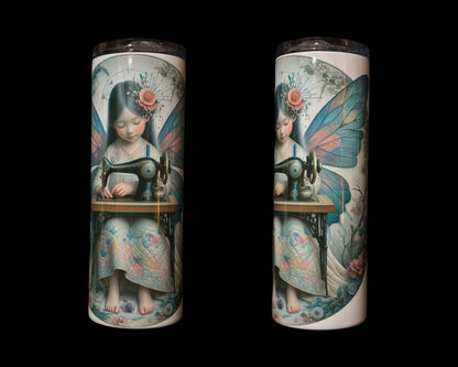 Drink skinny tumbler with sewing fairy and vintage sewing machine, Courtly Quilter