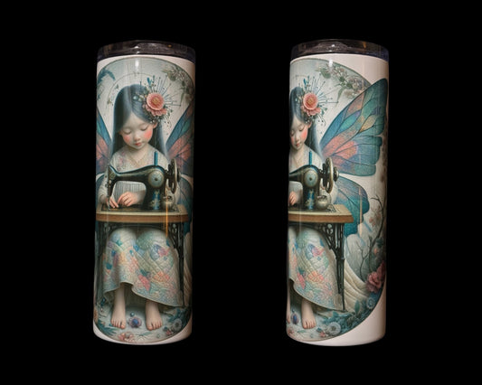 Drink skinny tumbler with sewing fairy