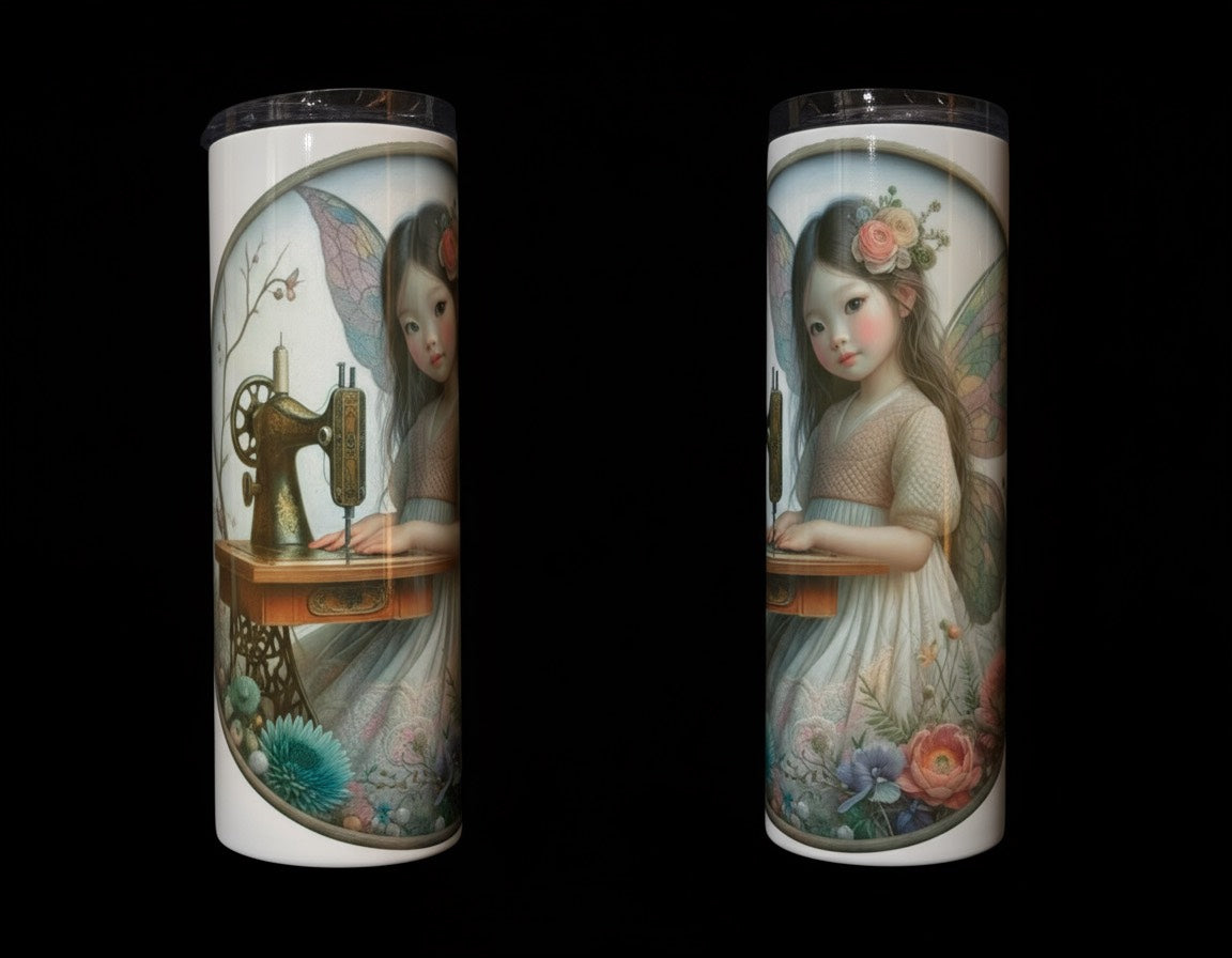 Drink skinny tumbler with little girl sewing fairy