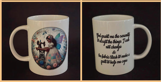 Courtly Quilter ceramic mug with black sewing fairy, "God grant me the serenity to accept the things I can not change . . "