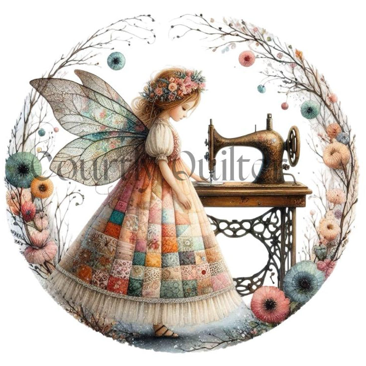 courtly quilter sewing fairy on fabric block