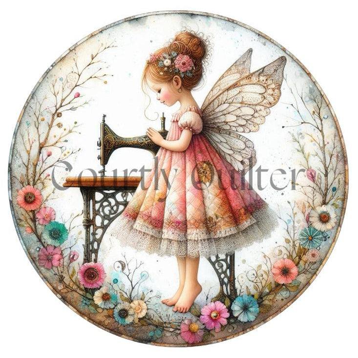 courtly quilter sewing fairy on fabric block