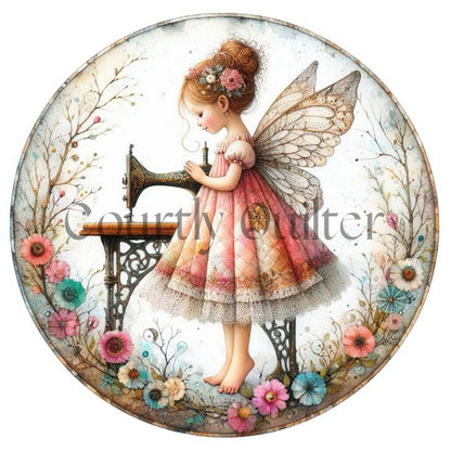 courtly quilter sewing fairy on fabric block