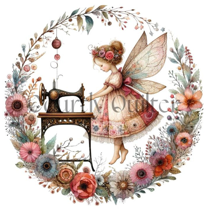 courtly quilter sewing fairy on fabric block
