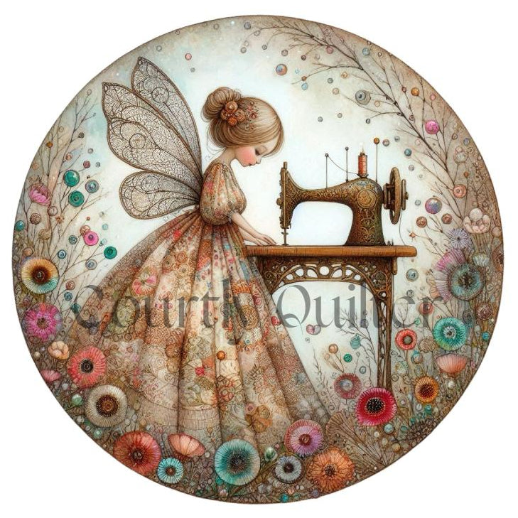 courtly quilter sewing fairy on fabric block